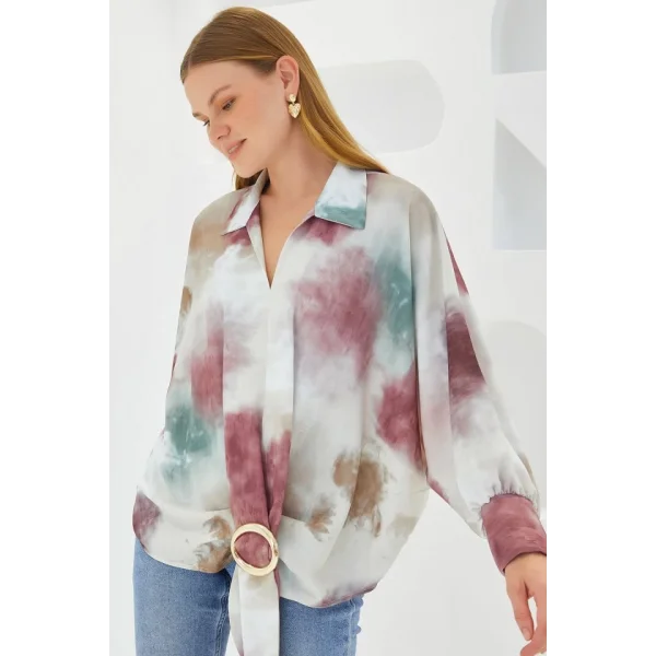 Gül Kurusu Ekru Oversize Dökümlü Saten Gömlek 907