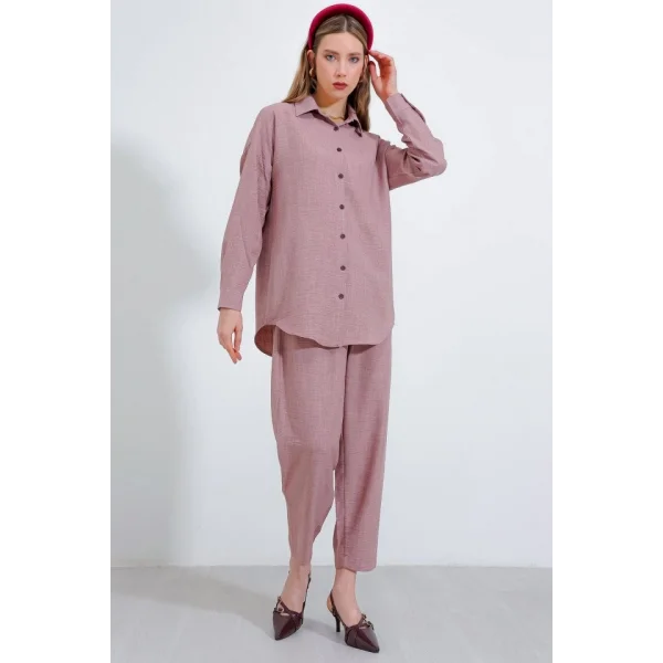 Gül Kurusu Oversize Keten Alt Üst Takım 6622