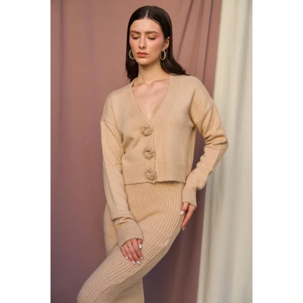 Güllü Elbiseli Hırka Takım  Bej