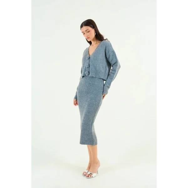 Güllü Elbiseli Hırka Takım  Gri