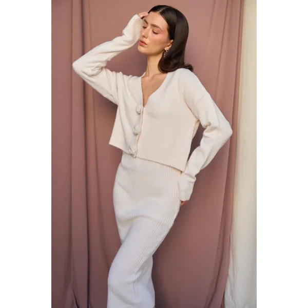 Güllü Elbiseli Hırka Takım  Krem