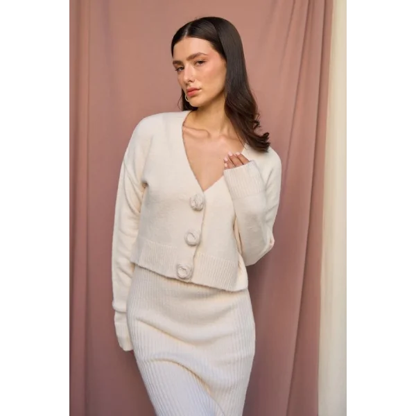 Güllü Elbiseli Hırka Takım  Krem