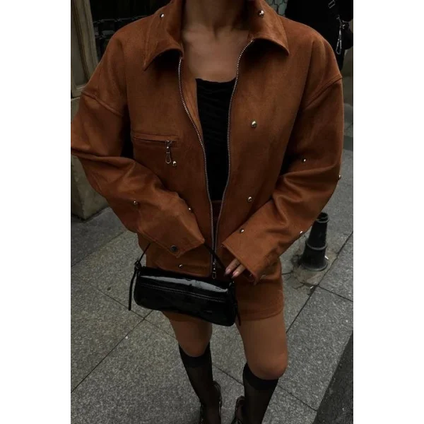 Gümüş Aksesuarlı Ceket Etek İçi Astarlı Süet Takım 10000