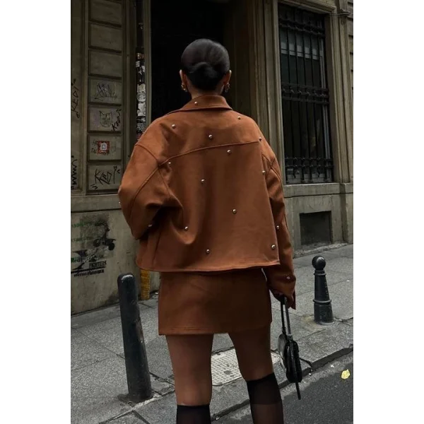 Gümüş Aksesuarlı Ceket Etek İçi Astarlı Süet Takım 10000