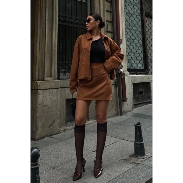 Gümüş Aksesuarlı Ceket Etek İçi Astarlı Süet Takım 10000