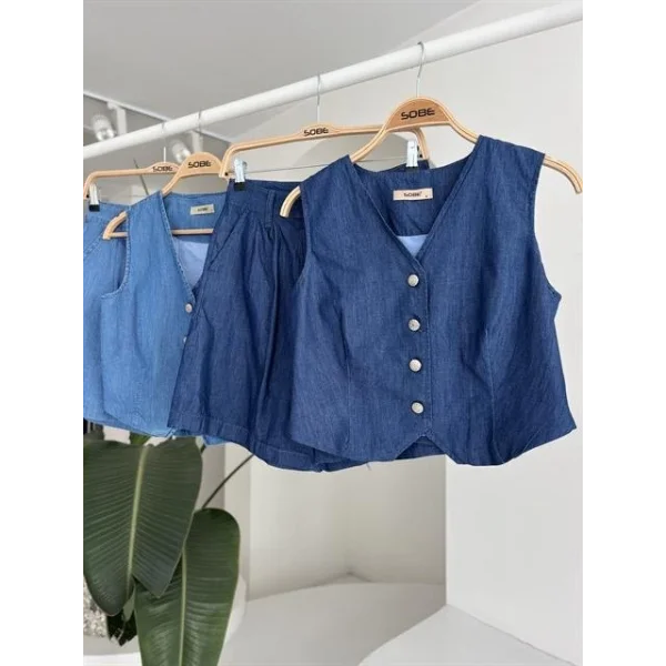 Gümüş Düğmeli Yelek Ve Şort Tensel Takım 10174