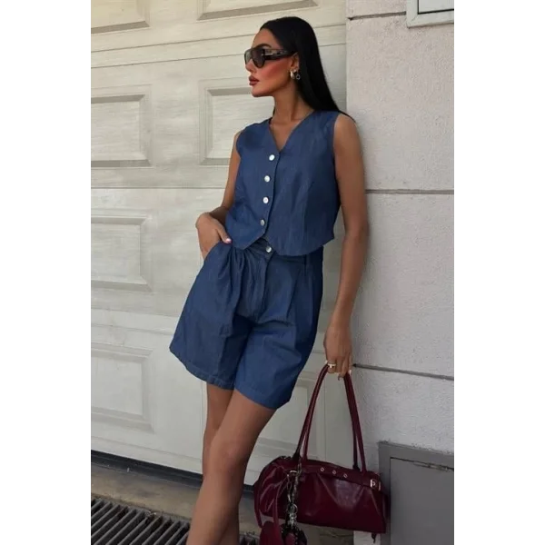 Gümüş Düğmeli Yelek Ve Şort Tensel Takım 10174