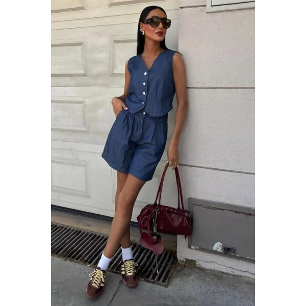 Gümüş Düğmeli Yelek Ve Şort Tensel Takım 10174