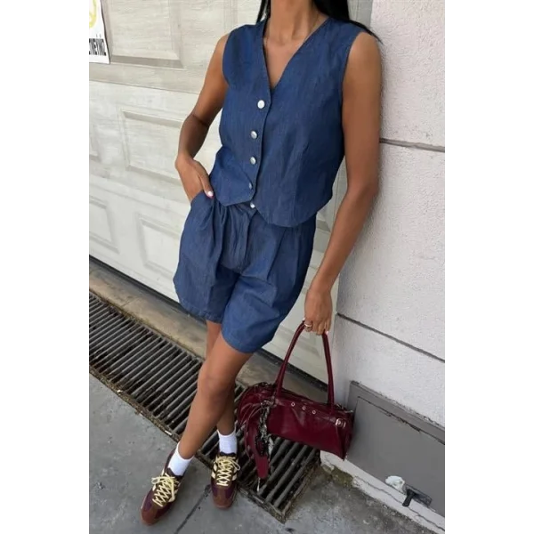 Gümüş Düğmeli Yelek Ve Şort Tensel Takım 10174