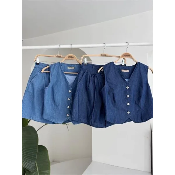 Gümüş Düğmeli Yelek Ve Şort Tensel Takım 10174