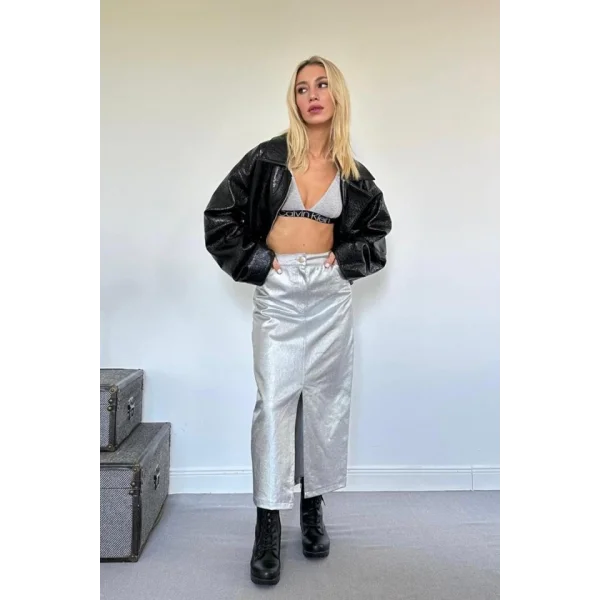 Gümüş Varaklı Gabardin Yırtmaçlı Etek