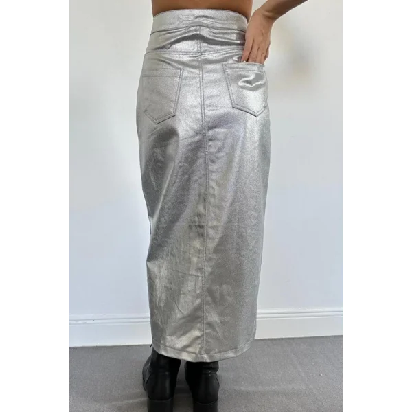 Gümüş Varaklı Gabardin Yırtmaçlı Etek