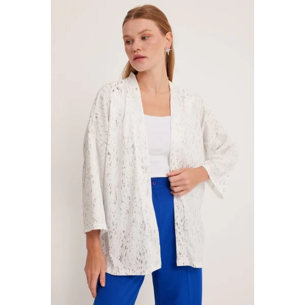 Gümüş Varaklı Örme Kimono 5925