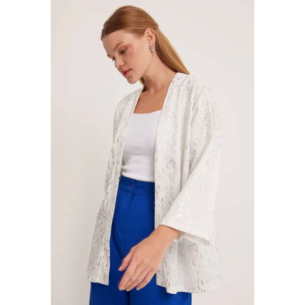 Gümüş Varaklı Örme Kimono 5925