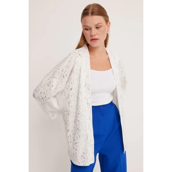 Gümüş Varaklı Örme Kimono 5925