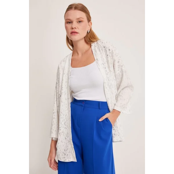 Gümüş Varaklı Örme Kimono 5925