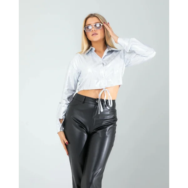 Gümüş Yılan Varaklı Beli Bağcıklı Gömlek