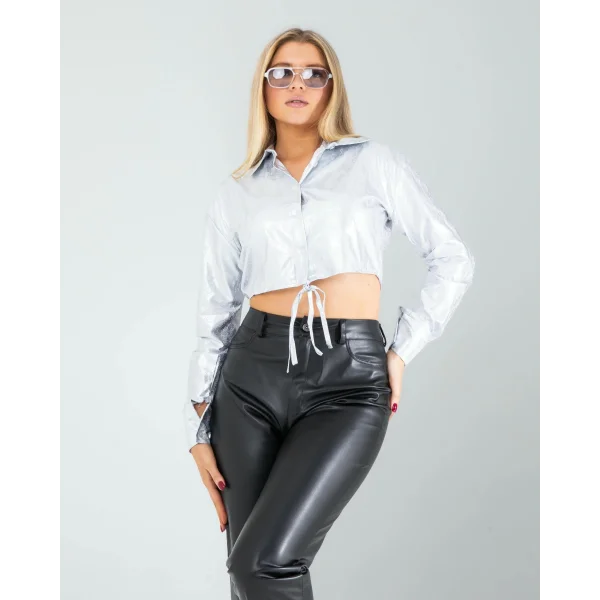 Gümüş Yılan Varaklı Beli Bağcıklı Gömlek