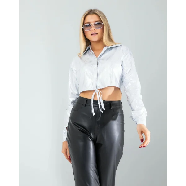 Gümüş Yılan Varaklı Beli Bağcıklı Gömlek