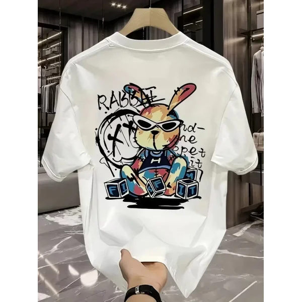 Güneş Gözlüğü Grafikli Karikatür Tavşan Oversize Kısa Kollu Tişört Çift Tişört, İlkbahar Ve Yaz - Beyaz