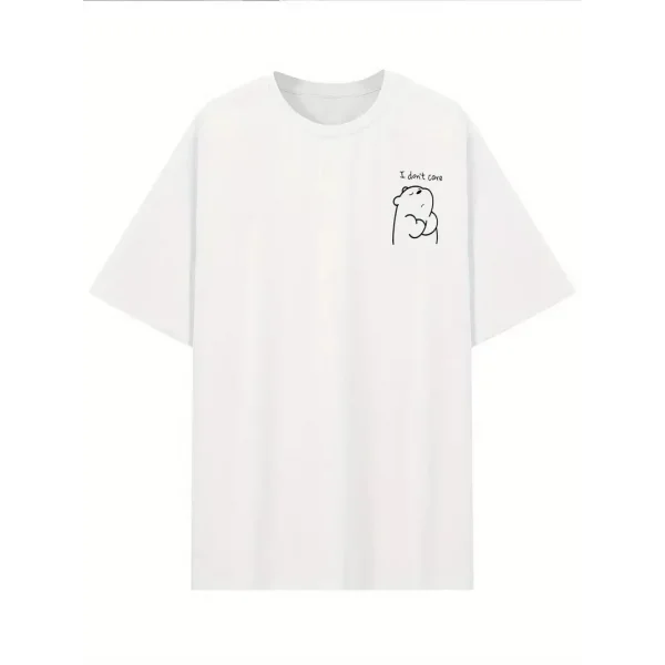 [Günlük T-Shirt] Hafif Kadın Günlük T-Shirt | Bol Kesim, Kısa Kollu, Yuvarlak Yaka, Eğlenceli Karikatür Ayı ve Umrumda Değil Baskı - Günlük Stil, İlkbahar/Yaz- Beyaz
