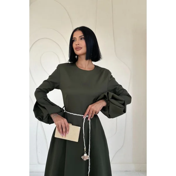 Haki Balon Kollu Kuşaklı Elbise