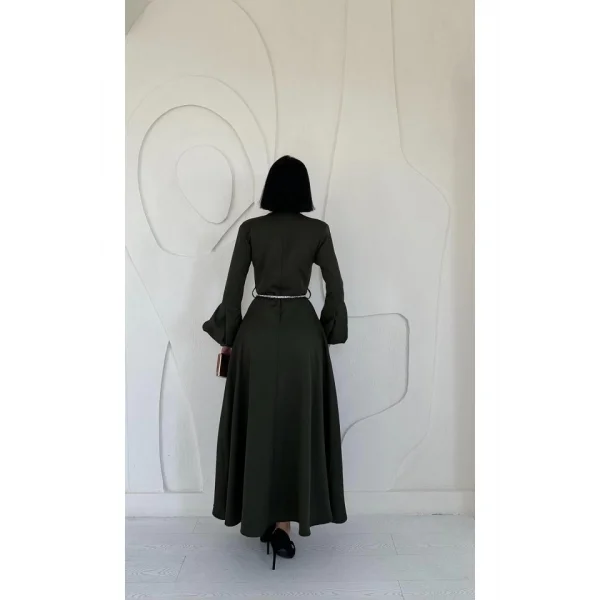 Haki Balon Kollu Kuşaklı Elbise