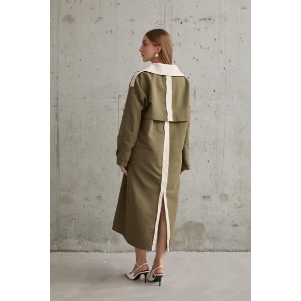 Haki Bej Arkası Çizgili Ve Kemerli Trençkot
