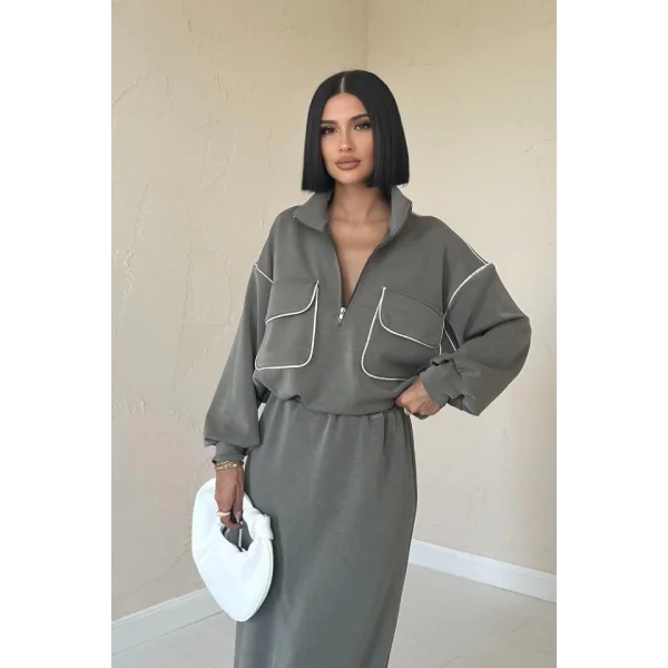 Haki Biyeli Sweatshirt Ve Etek Takım