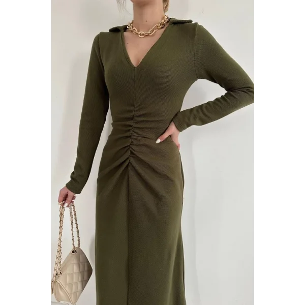Haki Büzgülü Triko Balık Elbise