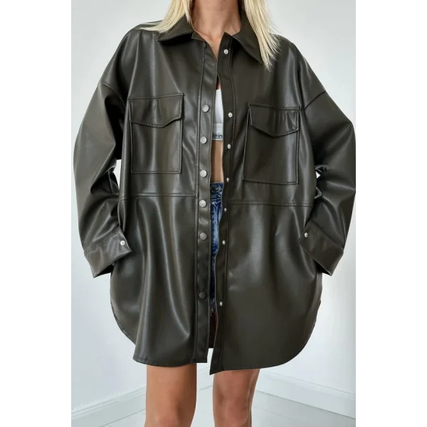 Haki Çıtçıt Kapama Cepli Deri Ceket