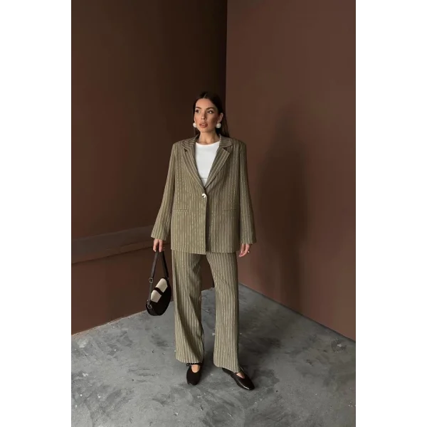 Haki Çizgili Ceket Ve Pantolon Takım