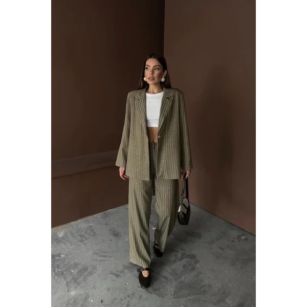 Haki Çizgili Ceket Ve Pantolon Takım