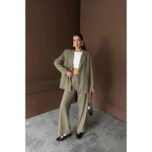 Haki Çizgili Ceket Ve Pantolon Takım