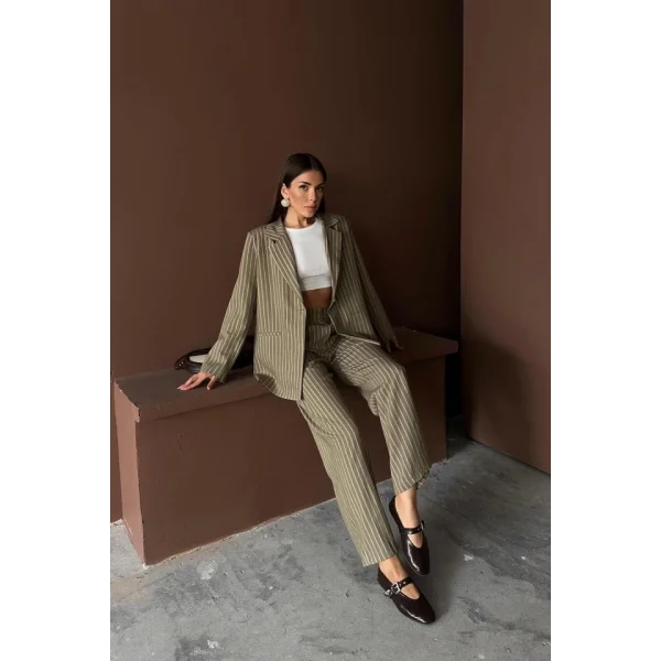 Haki Çizgili Ceket Ve Pantolon Takım