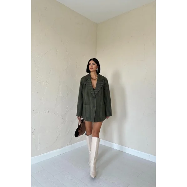 Haki Çizgili Oversize Ceket