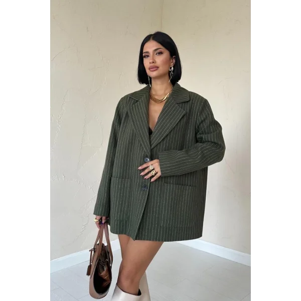 Haki Çizgili Oversize Ceket