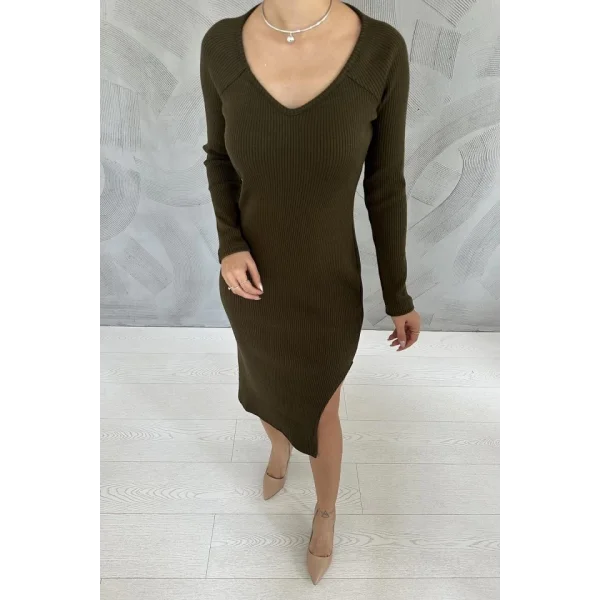 Haki Eteği Yırtmaçlı Triko Elbise