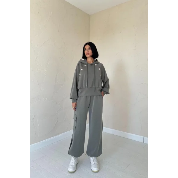 Haki Kapüşonlu Sweatshirt Ve Kargo Pantolon Takım