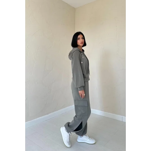 Haki Kapüşonlu Sweatshirt Ve Kargo Pantolon Takım