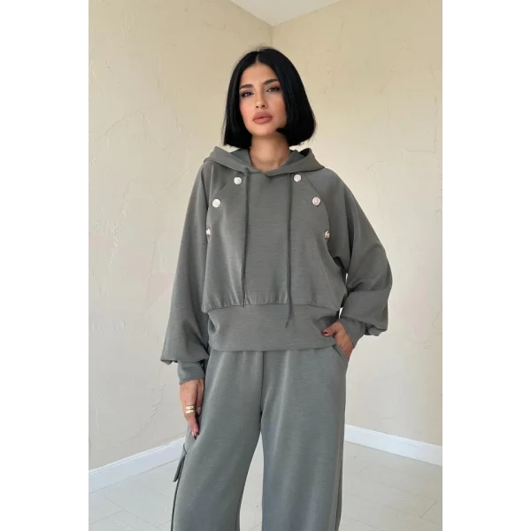 Haki Kapüşonlu Sweatshirt Ve Kargo Pantolon Takım