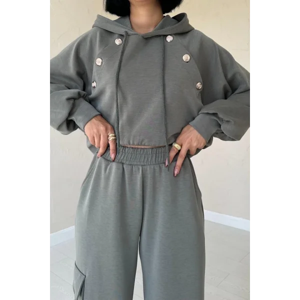 Haki Kapüşonlu Sweatshirt Ve Kargo Pantolon Takım