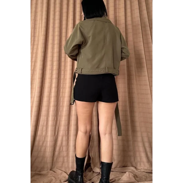 Haki Kemerli Kısa Trech Ceket