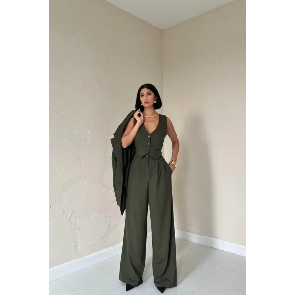 Haki Klas Ceket Ve Yelek Ve Pantolon Takım