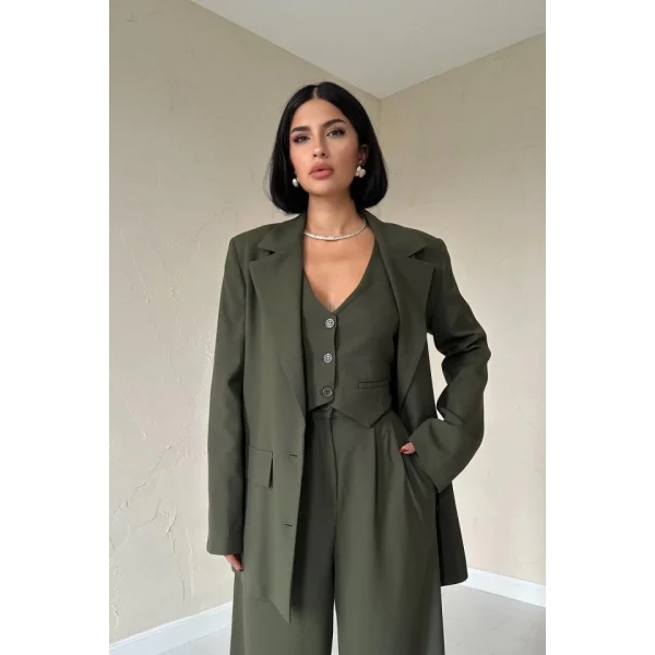 Haki Klas Ceket Ve Yelek Ve Pantolon Takım