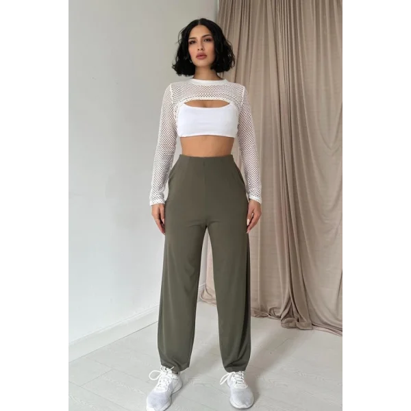 Haki Pensli Lastik Detaylı Pantolon