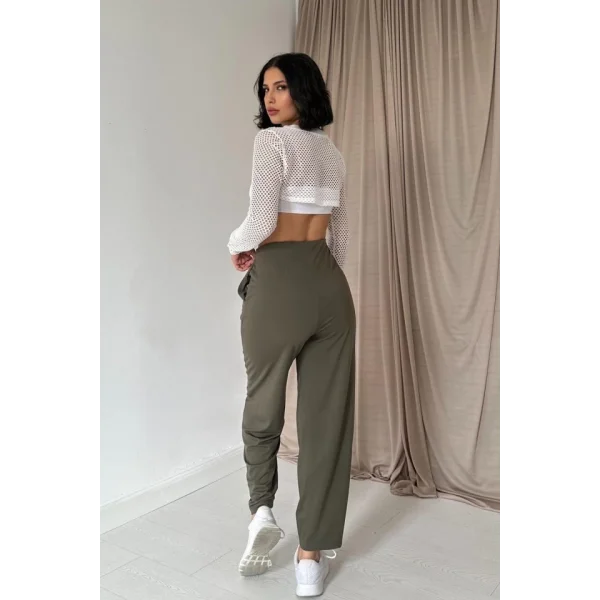 Haki Pensli Lastik Detaylı Pantolon