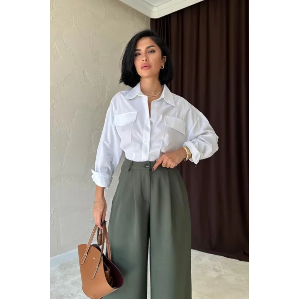 Haki Pileli Comfort Pantolon