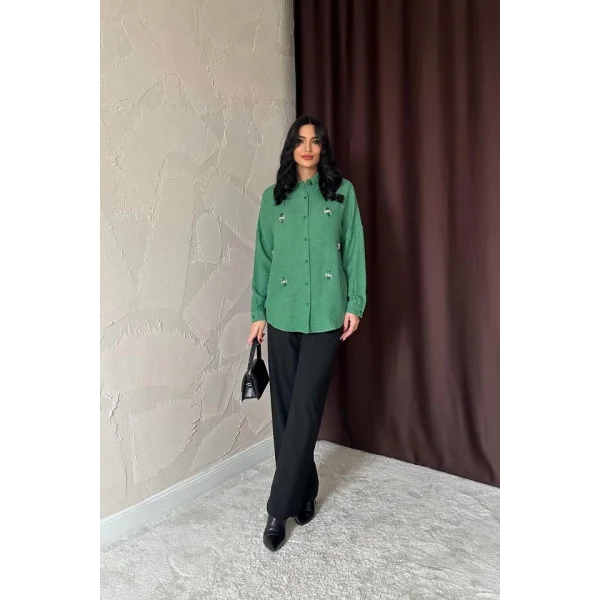Haki Taş İşlemeli Gömlek