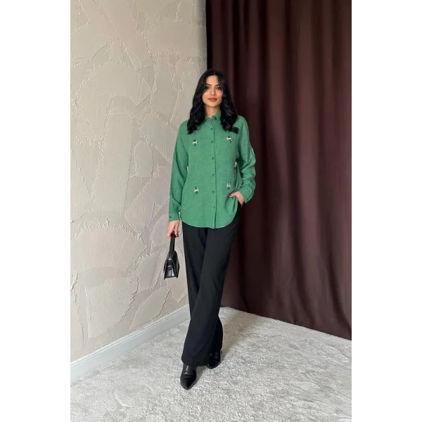 Haki Taş İşlemeli Gömlek